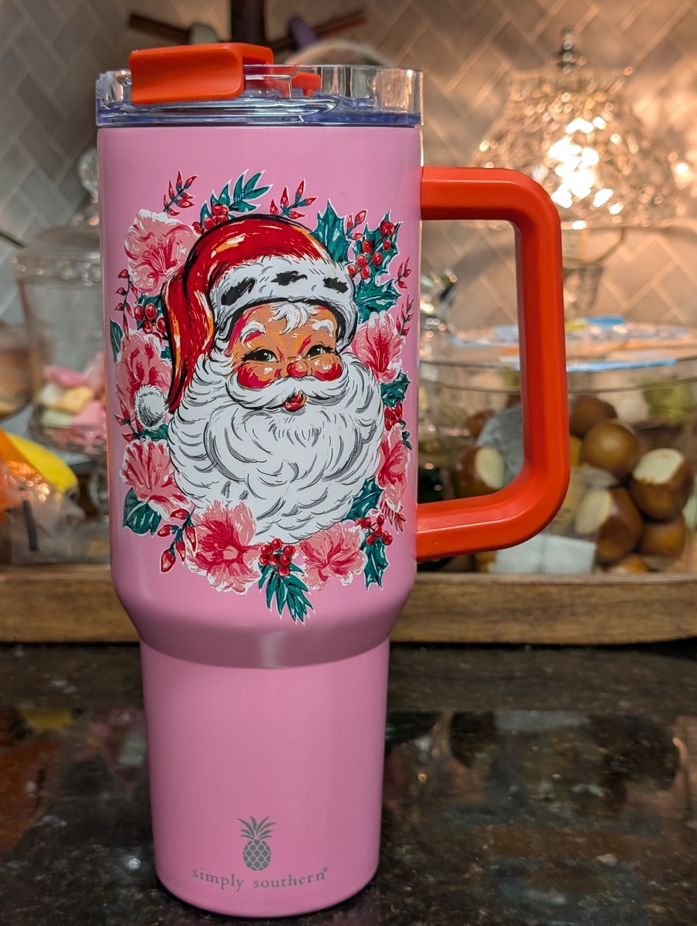 Simply Southern Pink Travel Mug with Red Handle and Vintage Santa